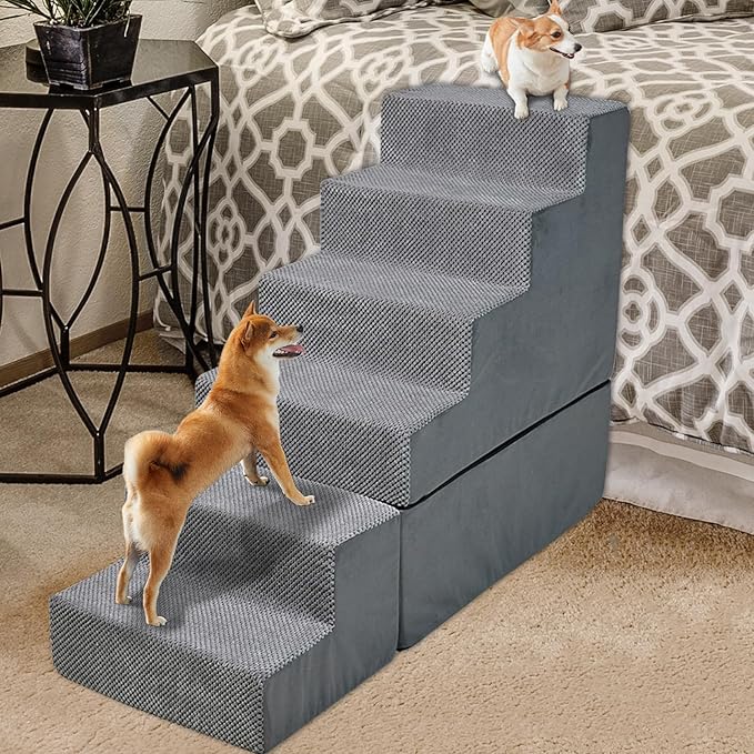 30" Dog Stairs&Steps for Small Dogs for High Beds 6-Step Pet Ramp Up to 30-36" High for Small Dogs & Cats, Grey No Assembly Required