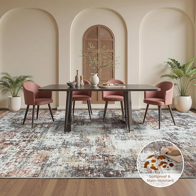 8x10 Area Rugs for Living Room, Abstract Modern Washable Rug, Indoor Soft Non-Slip Large Floor Carpet for Bedroom Dining Room Home Decor, Rust Red