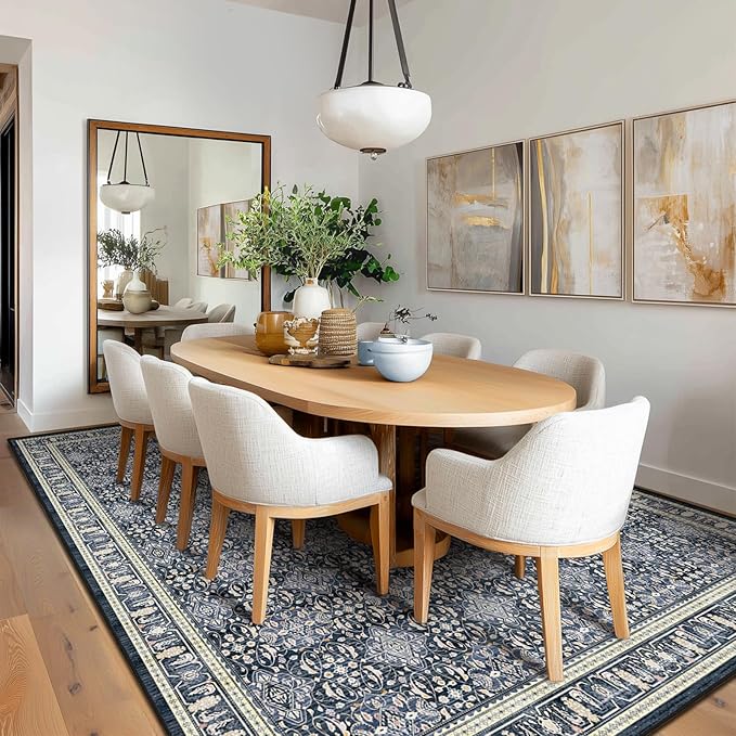 Boho Floral Moroccan Trellis Large Area Rugs 9x12 for Living room, Dark Blue Classic Transitional Style Room Carpet Rug for Bedroom Dining Room, Washable Rug with Rubber Back Low Pile Thin Soft