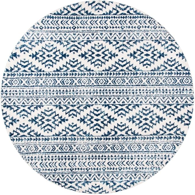 SAFAVIEH Tulum Collection Area Rug - 5' Round, Ivory & Navy, Moroccan Boho Tribal Design, Non-Shedding & Easy to Clean, Ideal for Living Room, Bedroom, Dining Space (TUL272D)