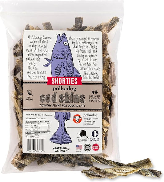 Polkadog Cod Skins for Dogs (12oz Shortie) - Single Ingredient, Wild-Caught Fish Skin Natural Dog Treat Chews. High in Lean Protein & Omega 3. Hypoallergenic, Grain Free. Handcrafted & Made in USA