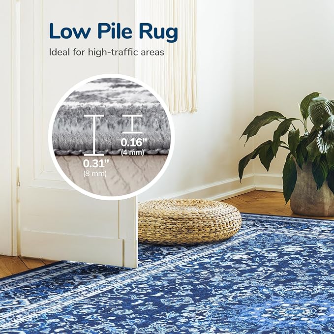 Lessymo 2 x 3 Entryway Rug - Machine Washable Area Rugs Boho Faux Wool Low Pile Area Rug for Bedroom, Floral Medallion Vintage Outdoor Rugs with Non-Slip Rubber,Blue White