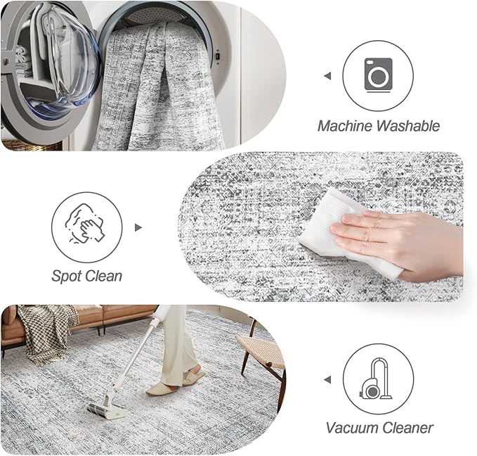 Area Rugs 4x6 for Living Room, Vintage Washable Rugs for Dining Room, Kitchen, Non-Slip Area Rug Grey