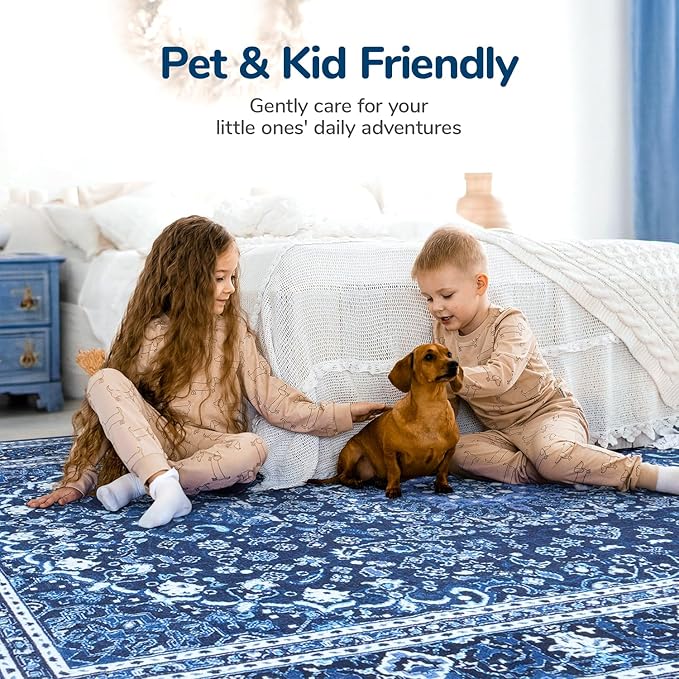 Lessymo 2 x 3 Entryway Rug - Machine Washable Area Rugs Boho Faux Wool Low Pile Area Rug for Bedroom, Floral Medallion Vintage Outdoor Rugs with Non-Slip Rubber,Blue White