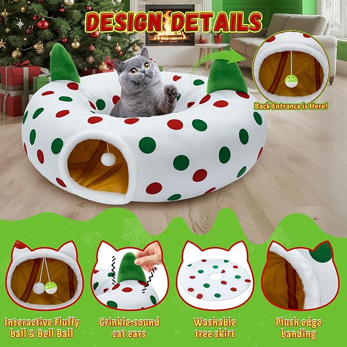 Cat Tunnel Christmas Tree Skirt, 3ft x 3ft x 9.8in Cat Tunnels for Indoor Cats, Red and Green Dot Cat Donut Tunnel with Hanging Ball and Cat Ears, Kitten Toys for Indoor Kittens Puppy Rabbit