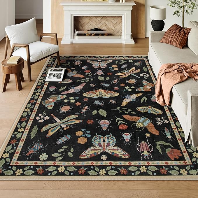 Lahome Insect Washable Rugs for Living Room, Soft Area Rug 6x9 Rug for Bedroom Ultra-Thin Non Slip Dining Room Rug, Stain Resistant Black Rug Large Carpet for Office Nursery(6'x9',Black)