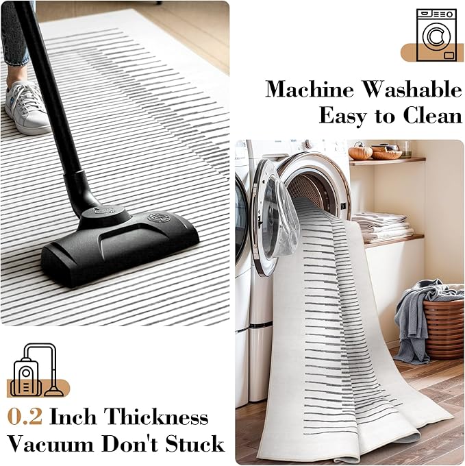 Wonnitar 5x7 Washable Striped Living Room Area Rug, Non-Slip Grey Boho Rugs for Bedroom, Low Pile Soft Minimalist Floor Carpets for Dining Room Home Office (Grey,5' x 7')