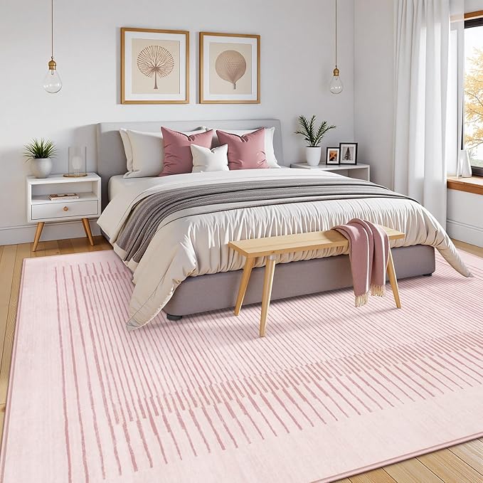 Wonnitar Striped Large Rugs for Living Room, Washable 9x12 Area Rugs for Bedroom, Non-Slip Soft Minimalist Pink Area Rug Throw Carpet for Nursery Playroom Guest Room (Pink,9' x 12')