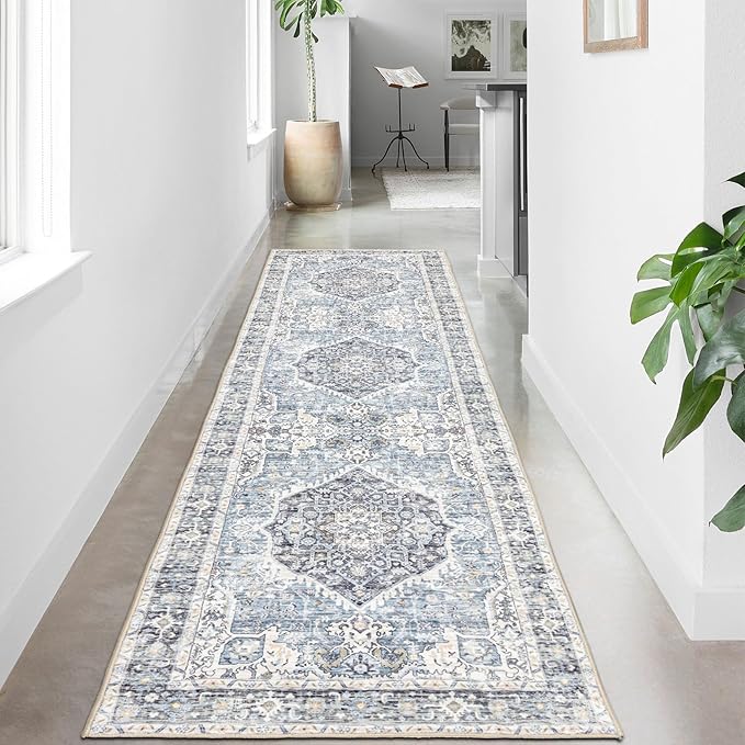 Runner Rug 2횞6, Vintage Boho Rug,Ultra-Soft Low Pile, Washable, Non Slip,Stain Resistant Printed Carpet for Hallway Kitchen Living Room Bedrooms Playroom Office, Light Blue