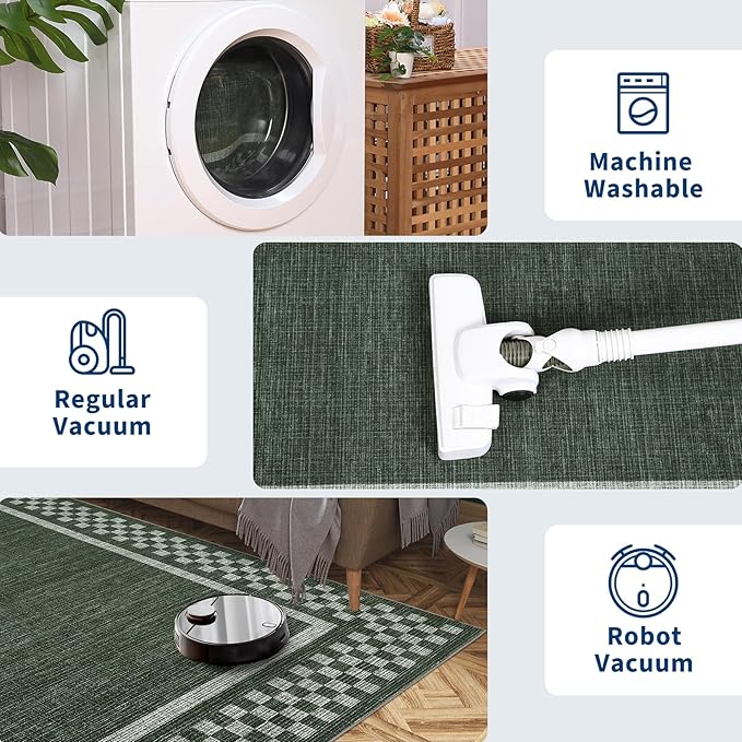 GarveeHome 5x7 Washable Area Rug for Bedroom Living Room Non Slip Modern Bordered Throw Rugs Low Pile Soft Checkered Dining Room Area Rugs Geometric Throw Carpet for Kitchen Nursery Office, Green