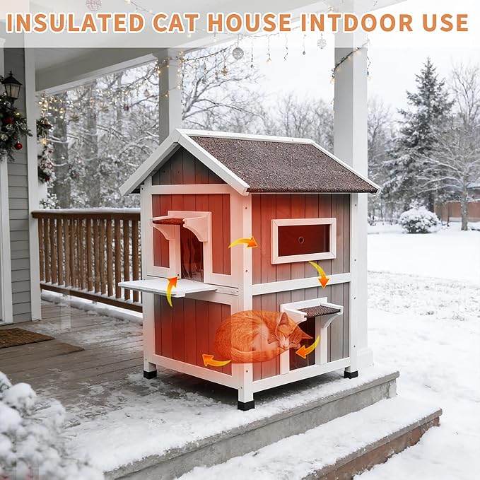 Rockever 100% Insulated Cat House with Insulated Liner, Waterproof Cat House for Outdoor Cats in Winter, Feral Cat Shelter for Outdoor Use with Escape Door