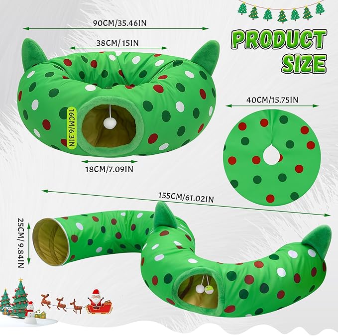 Cat Tunnel Christmas Tree Skirt, 3ft x 3ft x 9.8in Cat Tunnels for Indoor Cats, Grinch Cat Tunnel Bed with Hanging Ball and Cat Ears, Kitten Toys for Indoor Kittens Puppy Rabbit Ferret