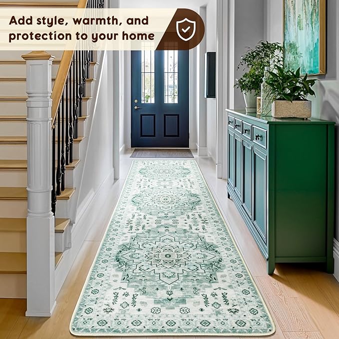 LBRO2M Boho Hallway Rug 2'X10’ Washable Runner Rugs Non Slip Low Piles Rugs Vintage, Soft, Green Area Rug Runners for Hallways, Bedroom, Kitchen Laundry Room Pattern Print (2'X10', Green)