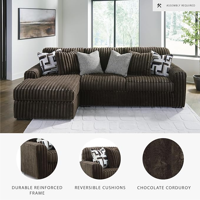 Signature Design by Ashley Midnight-Madness Casual 2-Piece Sectional Sofa with Chaise and Reversible Seat Cushion, Accent Pillows Included, Soft Jumbo Corduroy, 92" W x 41" D x 40" H, Dark Brown