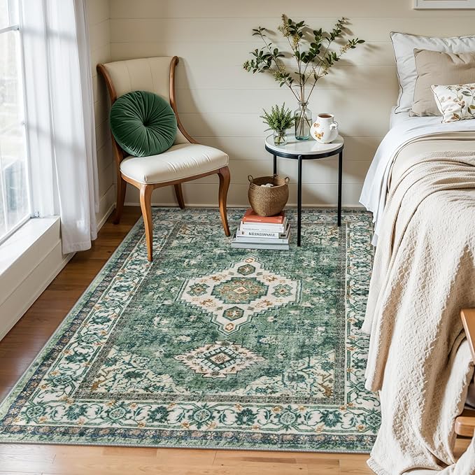 Lahome Oriental Machine Washable Rug, 3x5 Soft Green Rugs for Entryway Dorm, Non Slip Distressed Vintage Throw Carpet for Bedroom Living Room Entrance, Green/Multi