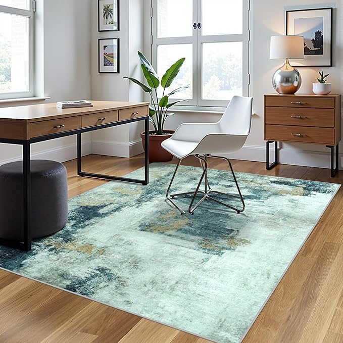 4x6 Area Rugs for Living Room Rug Washable: Abstract Rug for Dining Room Bedroom Carpet Non Slip 4 by 6 Indoor Modern Nursery Home Office Teal Grey Gold