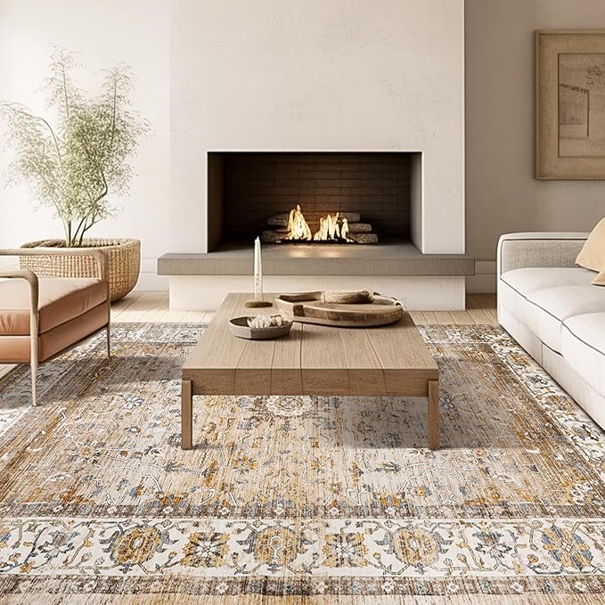 5x7 Area Rugs for Living Room,Stain Resistant Washable Rug,Non-Slip Backing Rugs for Bedroom,Kitchen,Printed Vintage Home Decor Rug (Apricot/Blue, 5'x7')