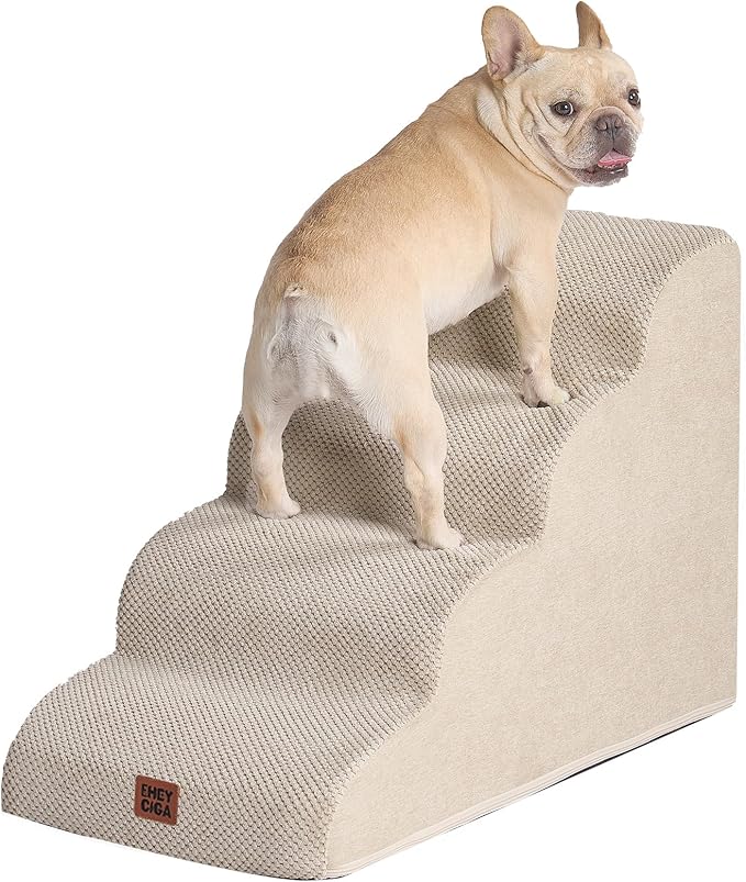 EHEYCIGA Curved Dog Stairs Ramp for High Beds 19.7" H, 4-Step Dog Steps for Small Dogs and Cats, Pet Stairs for High Bed Climbing, Non-Slip Balanced Pet Step Indoor, Beige