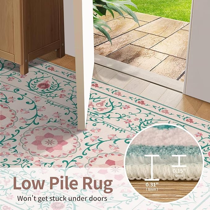 Pink Door Mat Floral Entryway Rug, Washable Samll 2x3 Rugs, Boho Front Door Mat, Non Slip Low Pile Throw Carpet for Indoor Entrance,Bathroom,Girls Room and Kitchen(Pink/Green 2x3ft)