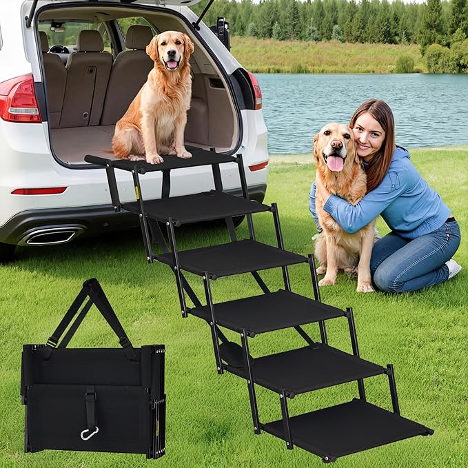 Dog Stairs for Large Dogs, Heavy Duty Foldable Dog Steps for Car Truck Non-Slip Surface Pet Stairs Ramp Supports up to 150 lbs, 6 Steps