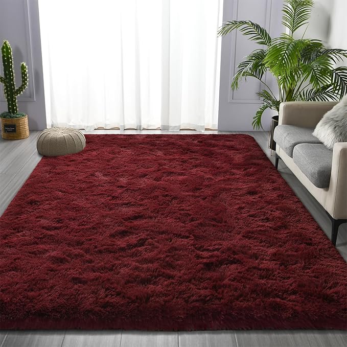 Large Shag Area Rugs 6 x 9, Plush Fuzzy Rugs for Living Room, Ultra Soft Fluffy Furry Rug for Bedroom, Indoor Carpet Nursery Rugs for Kids Room Home Decor, Burgundy