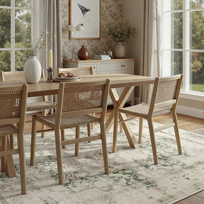DCX 5x7 Green Rug, Machine Washable Stain Resistant Distressed Vintage Rug, Kid & Pet Friendly with Rubber Back Non Slip Soft Low Pile Large Carpet for Living Room, Bedroom, Home Office