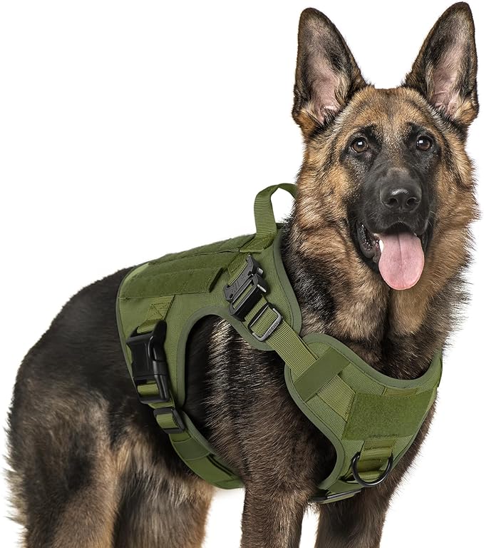rabbitgoo Tactical Dog Harness for Large, Heavy Duty Pet Harness with Handle, No-Pull Service Vest Large Breed, Adjustable Military Dog Vest for Training Hunting Walking, Green, XL