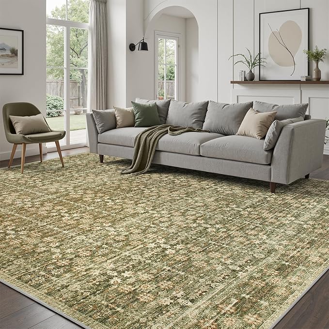 DCX 6x9 Neutral Rug, Kid & Pet Friendly with Rubber Back Non Slip, Machine Washable Stain Resistant Olive Green Floral Rug for Living Room, Bedroom, Soft Low Pile Large Nursery Carpet