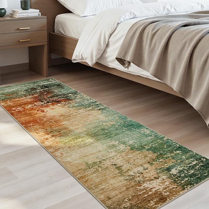 Joydeco 2x6 Washable Runner Rug for Hallway, Modern Abstract Non-Slip Soft Rugs, Low Pile Carpet for Entryway, Bedroom, Kitchen, Laundry, Green & Orange & White