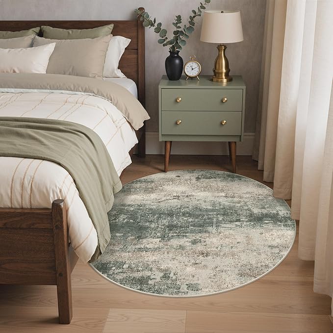 Round Rugs 6FT for Living Room Bedroom, Modern Abstract Machine Washable Circle Rug, Soft Low Pile Floor Cover with Non Slip Backing for Dining Room, Grey/Dark Green