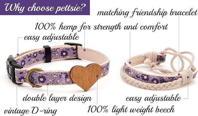 Pettsie Dog Heart Collar & Matching Friendship Bracelet – Adjustable, Durable Hemp, Soft & Comfortable, for Dog Owners, Small & Medium Sizes
