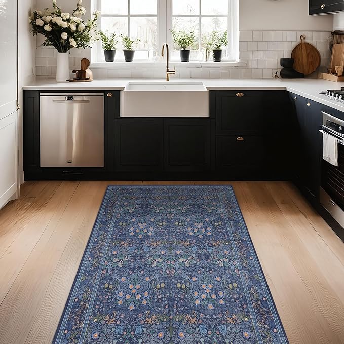 Vintage Dark Blue 3x6 Area Rugs for Large Entryway, Bedroom Beside Rug, Kitchen, Laundry Room, Non-Slip Low Pile Ultra Soft Stain Resistant Small Floral Carpet