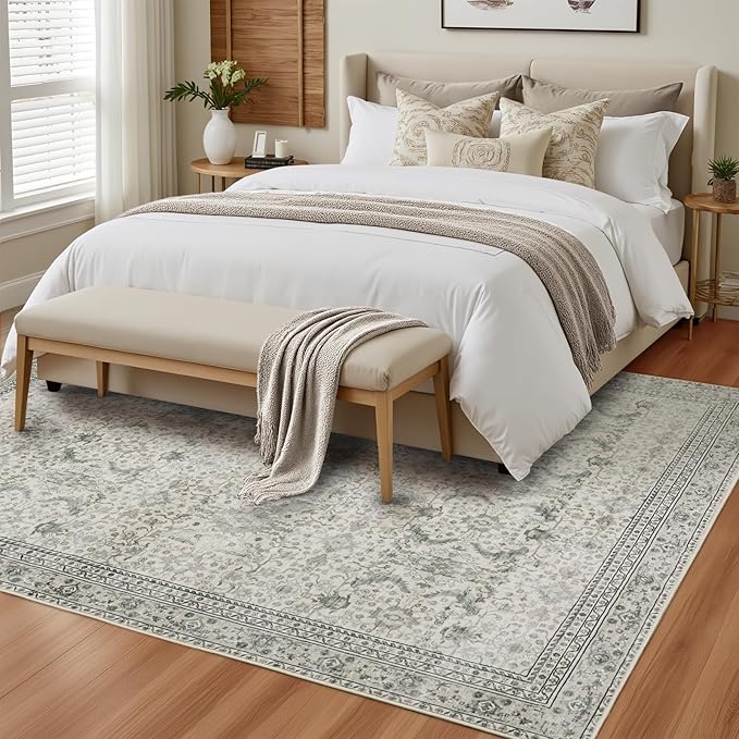 Washable Area Rugs 5x7 Floral Beige, Indoor Rug for Living Room Bedroom, Traditional Farmhouse Carpet for Dining Room, Cream White