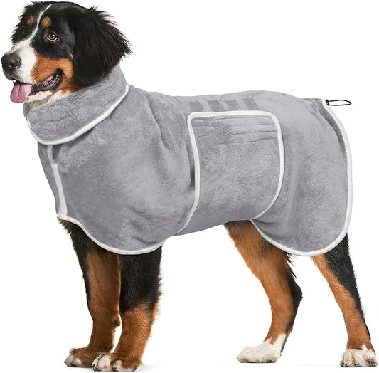 Dog Bathrobe Drying Coat - Super Absorbent Bath Robe for Large Dogs, Soft Adjustable Collar & Belly Strap Fast Drying Pet Towel for Dogs and Cats (Grey, Large)