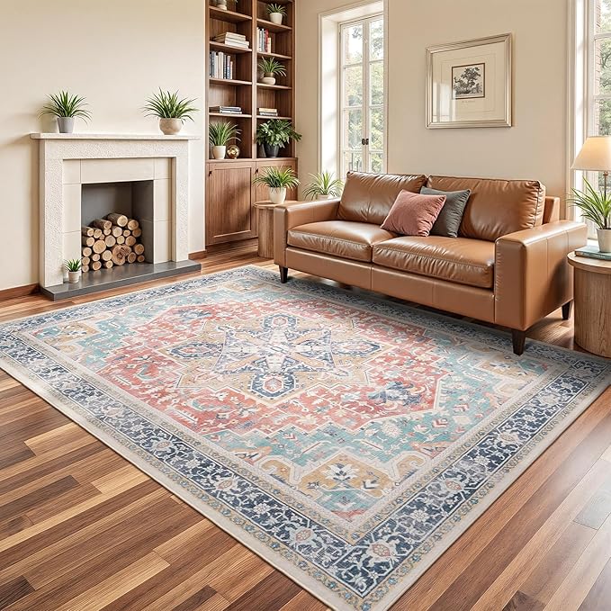 Rugflix 5x7 Area Rugs for Living Room, Machine Washable Rug Non Slip Stain Resistance, Large Rug Vintage Distressed Soft Carpet for Bedroom, Dining Room, Home Office, Blue Red