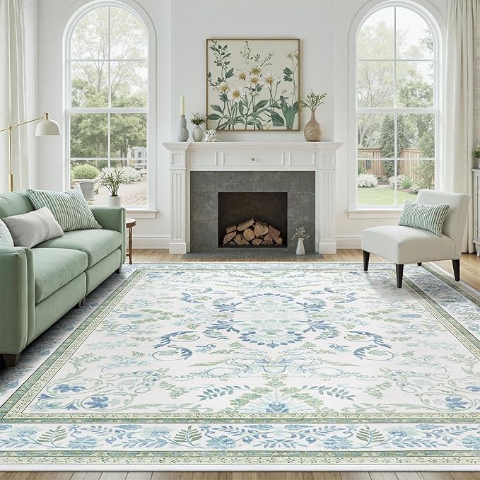DCX Green Floral 8x10 Area Rugs for Living Room, Machine Washable Large Soft Boho Non-Slip Botanical Rug for Bedroom Dining Room Kitchen Flowers Playroom Nursery Carpets