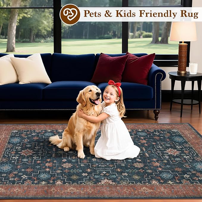 LBRO2M Distressed Washable Rugs 9X12 Area Rug for Living Room for Bedroom Dining Room Non Slip Farmhouse Rugs Easy Clean, Stain Resistant Carpet Great for Pets and Kids (9'X12' Distressed Blue)
