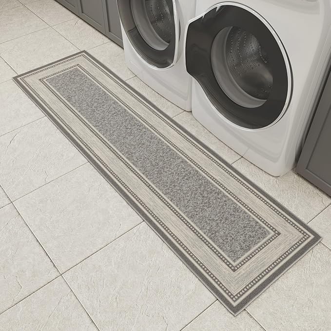Ottomanson Hallway Runner Rug 1'10" x 7' Non Slip Border Area Rugs Easy to Clean Laundry Rug Runner Durable & Pet Friendly Floor Carpet Runners for Hallways Entryway Living Room Kitchen, Light Gray