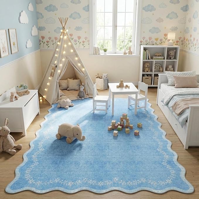 GarveeHome Scalloped Area Rugs 8x10 for Living Room, Solid Blue Large Washable Rug Soft Non Slip Backing Floor Mat Carpet Indoor Thin Rug for Bedroom Dining Room Playroom Nursery Home Decor