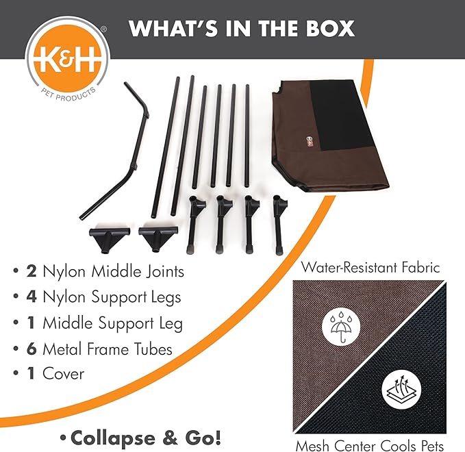 K&H Pet Products Outdoor Elevated Dog Cot, Breathable Cooling Elevated Cot Hammock Pet Bed for XL Dogs, Washable Mesh Cover, Raised Metal Frame, Collapsible, Portable - Jumbo 56 X 38in Chocolate