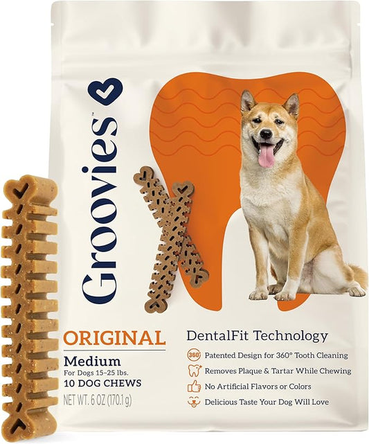 Groovies Flexible, Yet Moderately Tough Daily Dog Dental Chews. Powered by USA-Patented DentalFit Technology. No Added Gluten, No Artificial Flavors or Colors. Original 6oz Medium (10Chews)