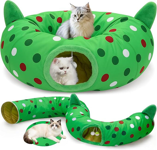 Cat Tunnel Christmas Tree Skirt, 3ft x 3ft x 9.8in Cat Tunnels for Indoor Cats, Grinch Cat Tunnel Bed with Hanging Ball and Cat Ears, Kitten Toys for Indoor Kittens Puppy Rabbit Ferret
