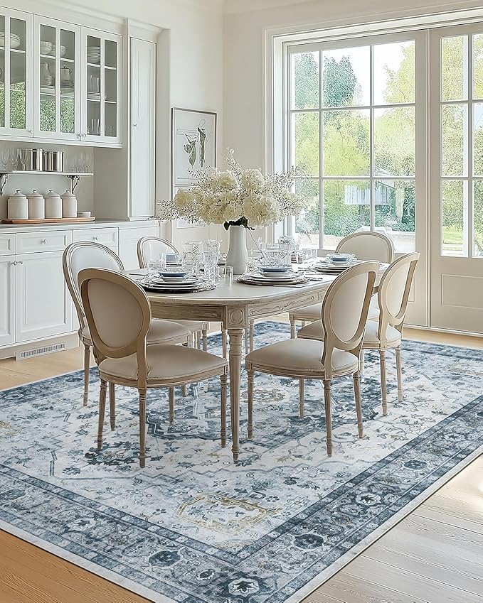 AMADA HOMEFURNISHING 9x12 Area Rug, Washable Low-Profile Large Area Rug with Non-Slip Backing & Durable Edge Binding, Vintage Large Rugs for Living Room, Bedroom