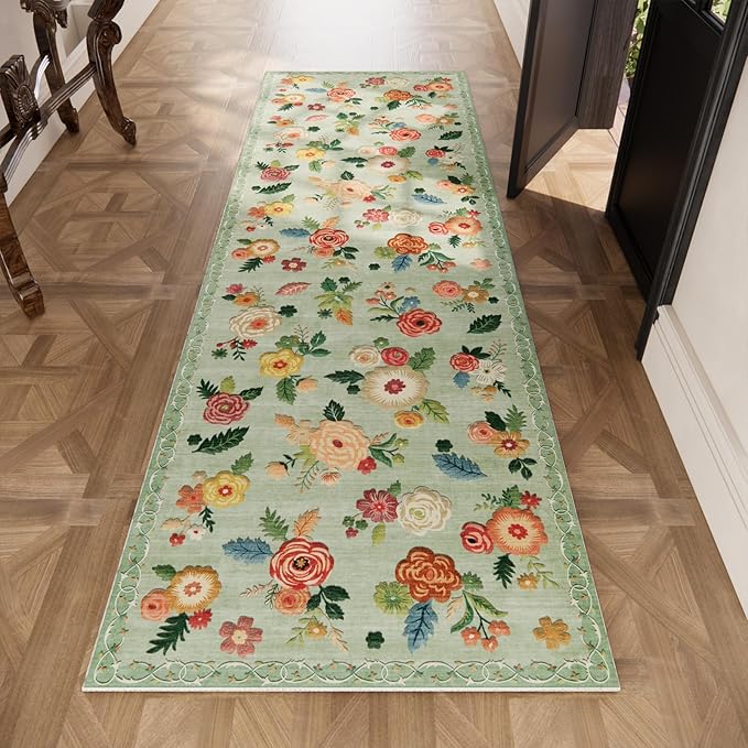 Machine Washable Runner Rug for Hallway: 2'6"x8' Kitchen Runners Rug with Rubber Backing Non Slip Stain Resistant Floral Floor Rug Soft Carpet Runners for Indoor Entryway Bedroom Bedside Living Room