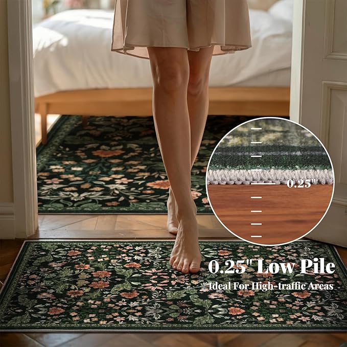 Floral Entryway Washable Rug: 2x3 Soft Low Pile Thin Indoor Front Door Mat, Non Slip Stain Resistant Vintage Flower Boho Accent Small Rugs for Bedroom, Kitchen, Bathroom, Nursery Entrance - Black