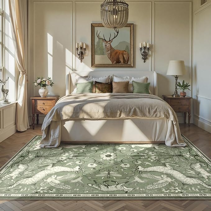 Lahome Boho Animal 5x7 Washable Living Room Area Rugs, Green Soft Rugs for Bedroom, Botanical Large Boho Non Slip Dining Room Carpet for Under Table Entryway Kitchen Office (5x7ft,Green)