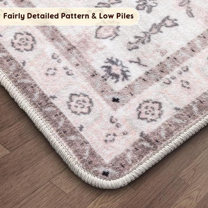 LBRO2M Boho Area Rug 6X9 Washable Rugs for Bedroom Low Piles Indoor Carpet, Non Slip Soft Rug for Living Room, Dining Room, Pink Rug Foldable Pet Friendly Area Rugs Stain Resistant (6'X9' Pink)