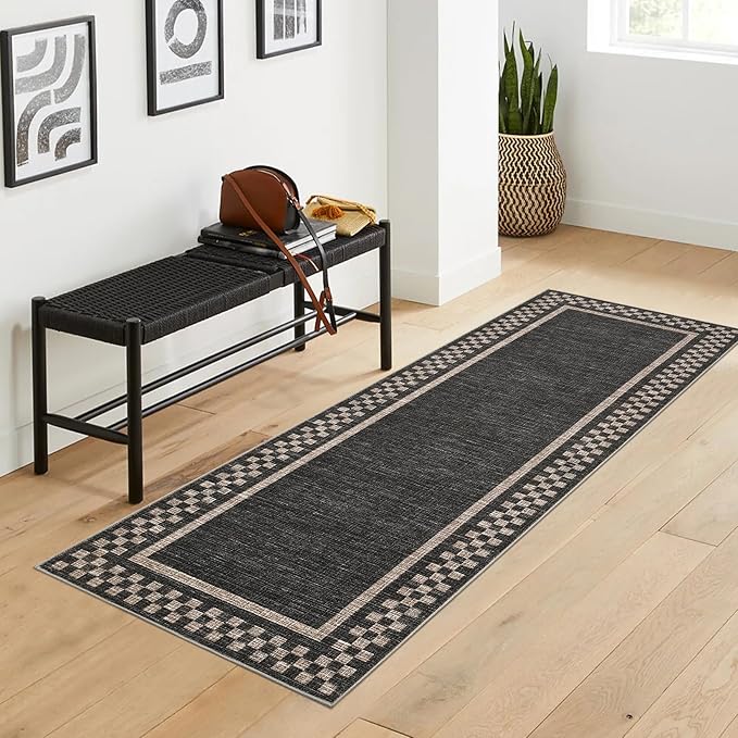 Rug Runners for Hallways 2x8 Washable Kitchen Runner Rug Non Slip Low Pile Bedside Throw Carpet Modern Bordered Bathroom Runners Checkered Area Rug for Living Room Bedroom Entryway Nursery, Black
