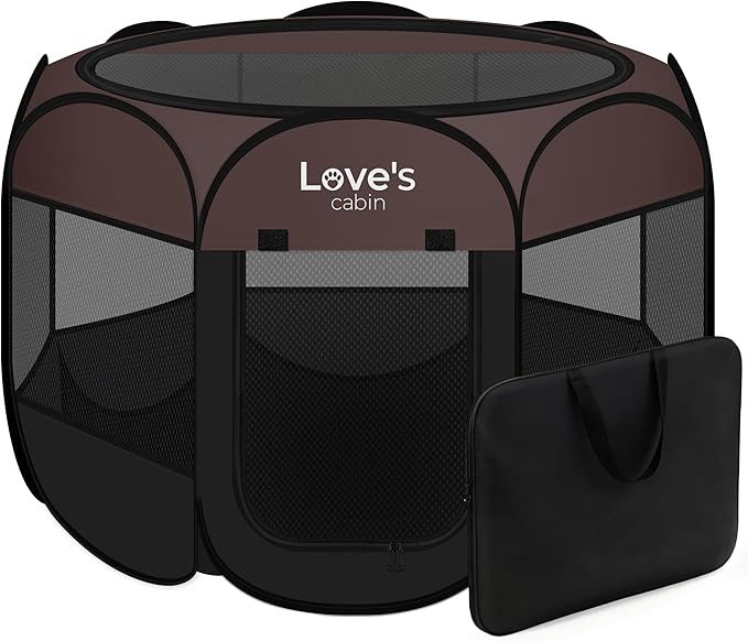 Love's cabin Pet Puppy Dog Playpen, Medium Dog Tent Crates Cage Indoor/Outdoor, Portable Playpen for Cat, Foldable Pop Up Dog Kennel Playpen with Carring Case, Removable Zipper Top, Brown