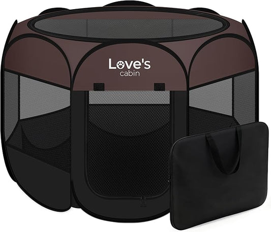 Love's cabin Pet Puppy Dog Playpen, Medium Dog Tent Crates Cage Indoor/Outdoor, Portable Playpen for Cat, Foldable Pop Up Dog Kennel Playpen with Carring Case, Removable Zipper Top, Brown